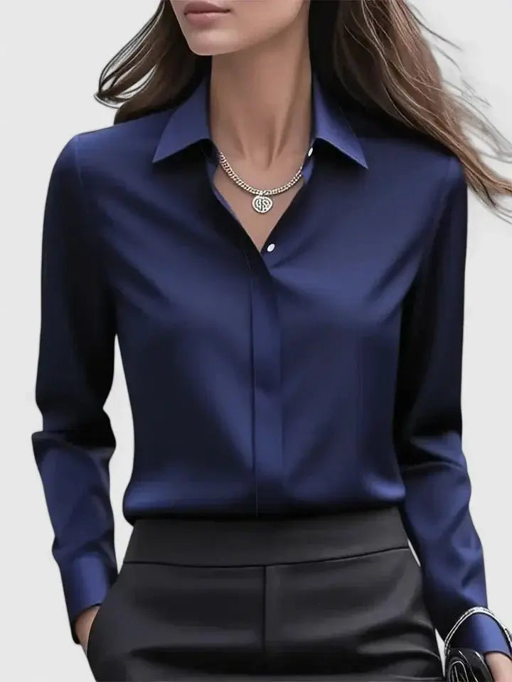 Women's Button Down Shirt Long Sleeve Curved Hem Classic - Navy Blue