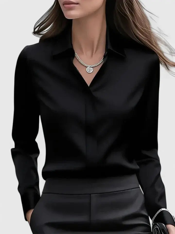 Women's Button Down Shirt Long Sleeve Curved Hem Classic - Black