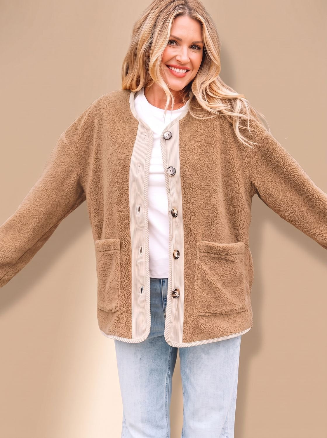 Women's Button-Front Relaxed Teddy Jacket Patch Pockets
