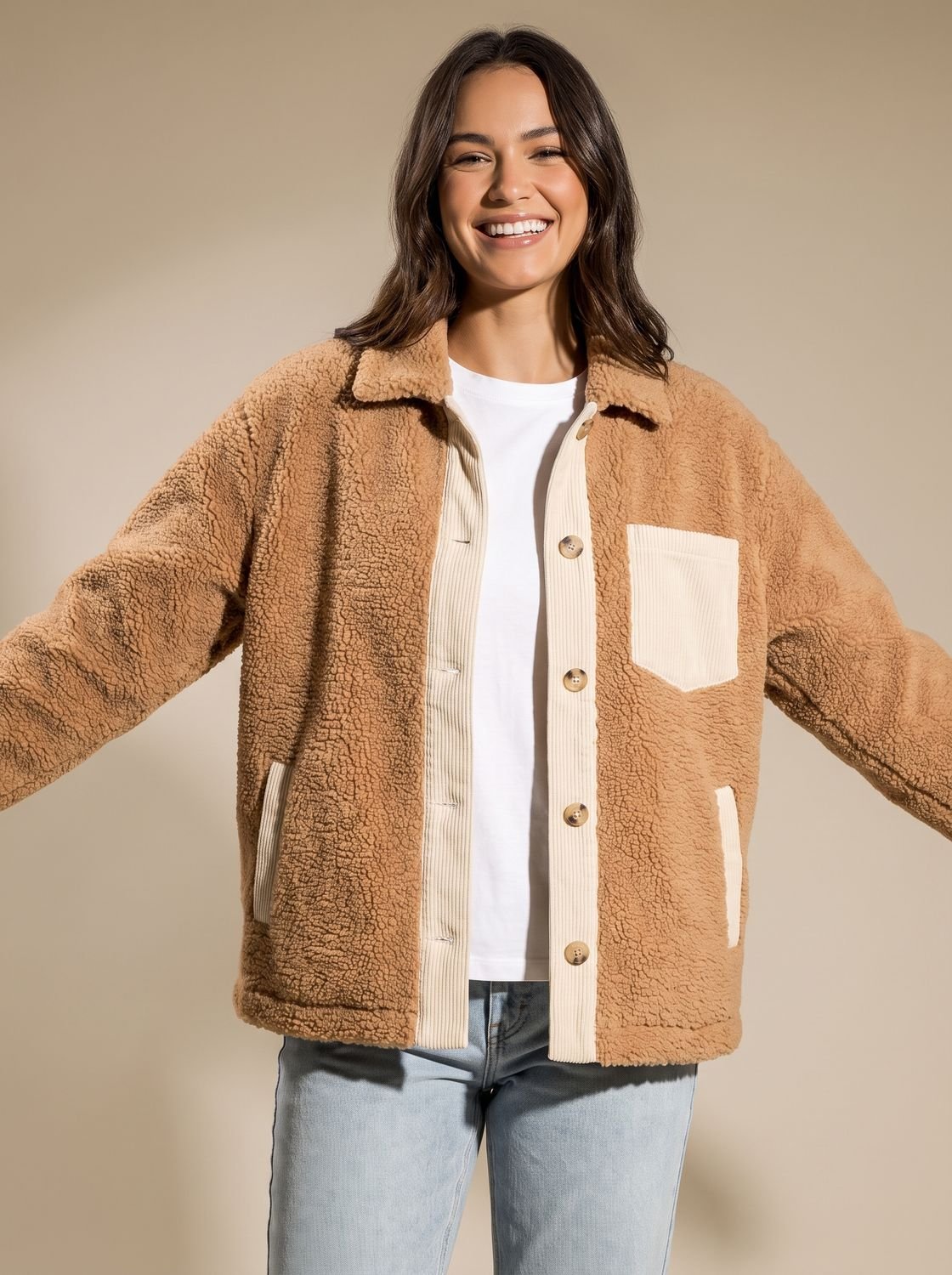 Women's Button-Front Relaxed Teddy Jacket Patch Pockets
