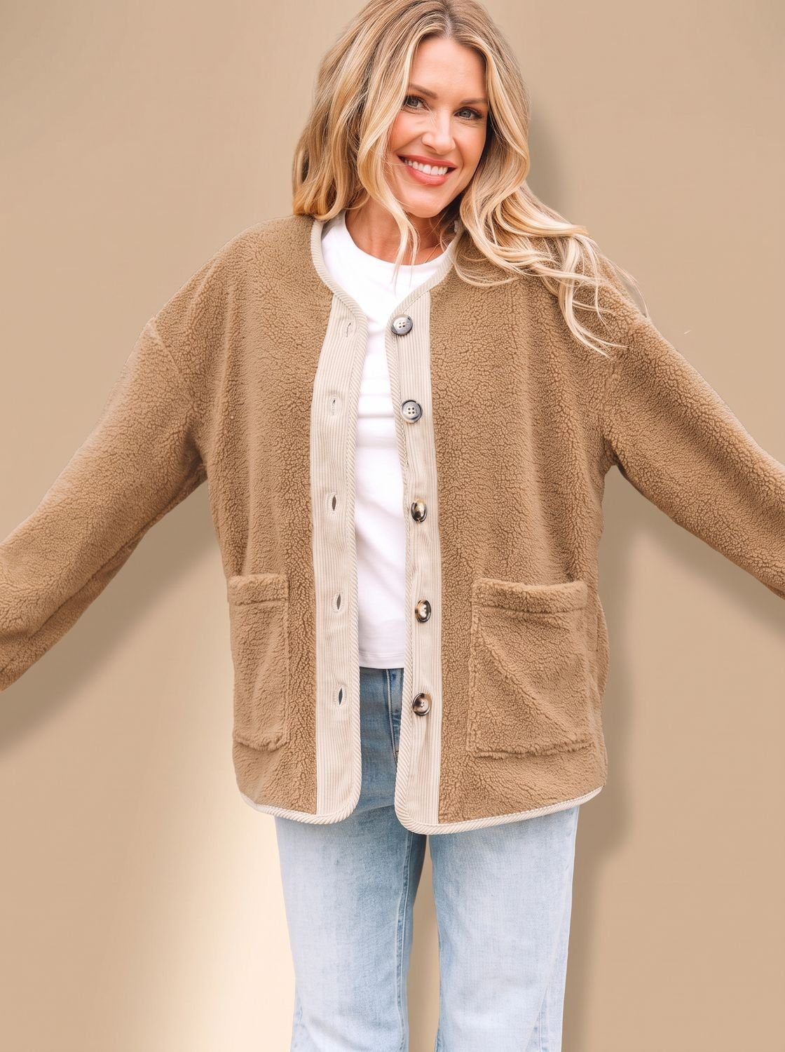Women's Button-Front Relaxed Teddy Jacket Patch Pockets