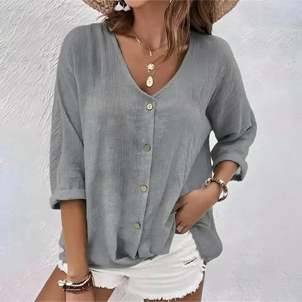 Women's Button-Up Blouse V-Neck Long Sleeve Relaxed - Grey