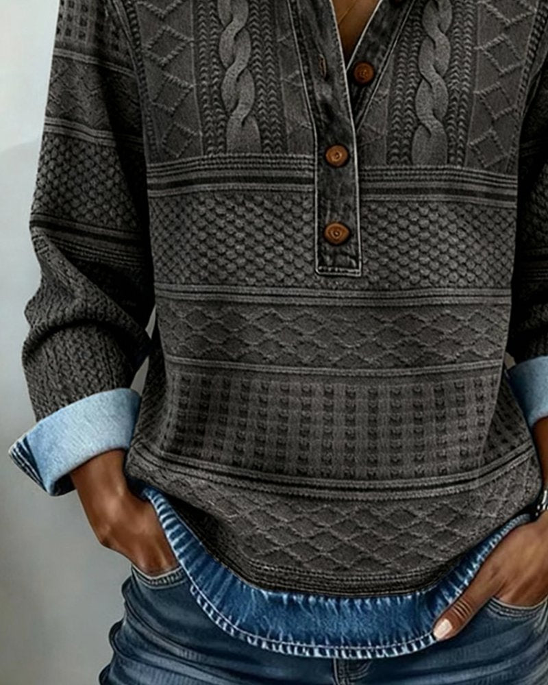Women's Cable Knit Half-Button Pullover Denim Effect