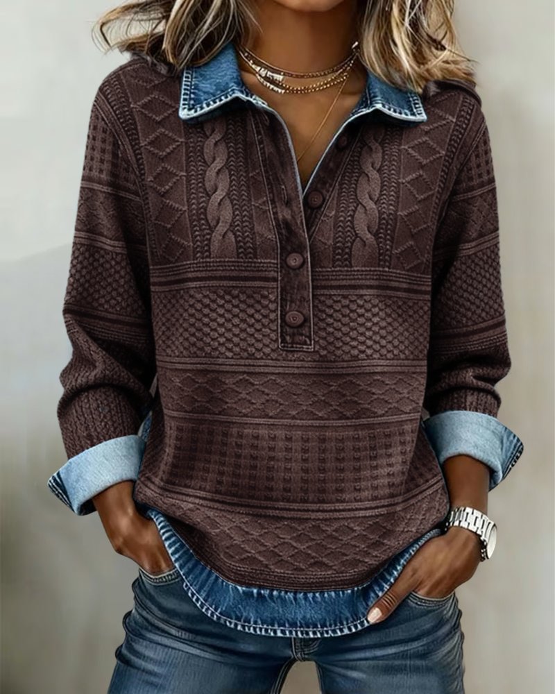 Women's Cable Knit Half-Button Pullover Denim Effect - Coffee