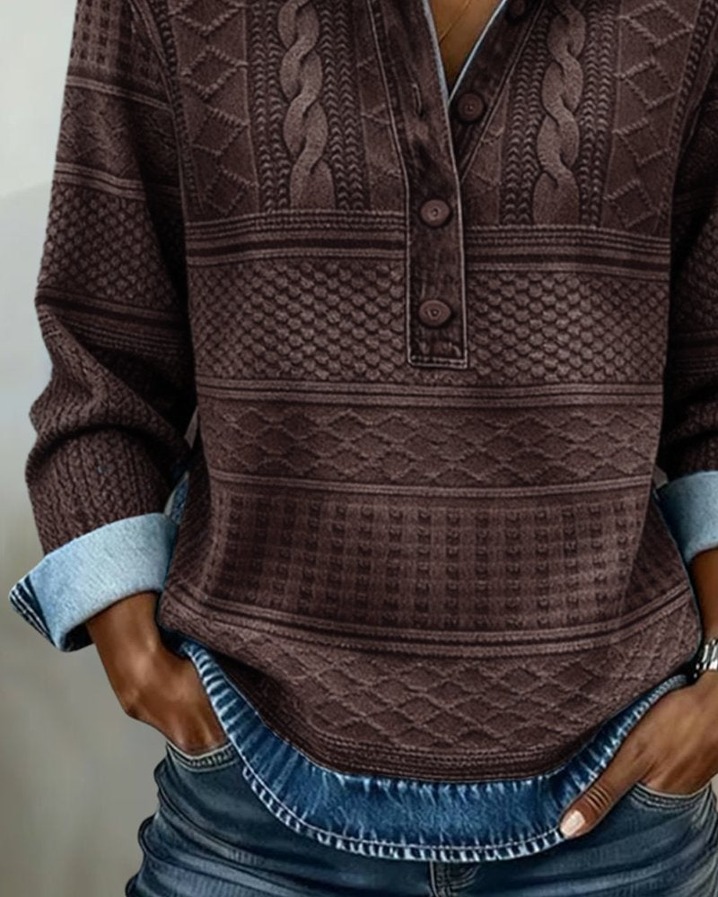 Women's Cable Knit Half-Button Pullover Denim Effect