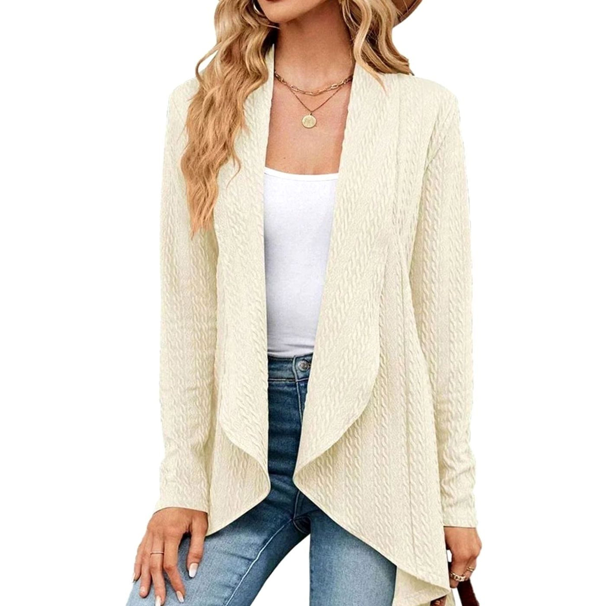 Women's Cable-Knit Open-Front Long-Sleeve Cardigan - Beige