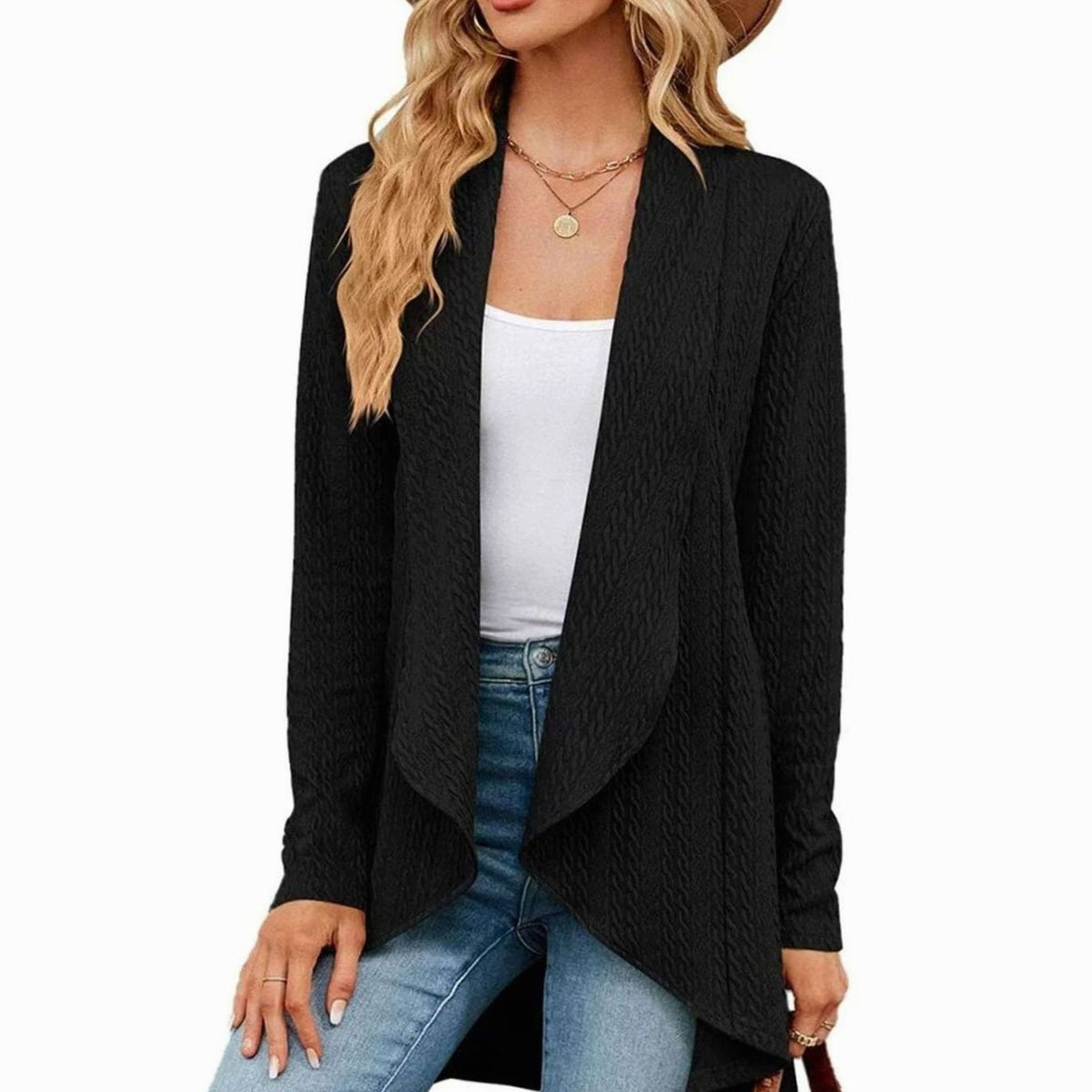 Women's Cable-Knit Open-Front Long-Sleeve Cardigan - Black