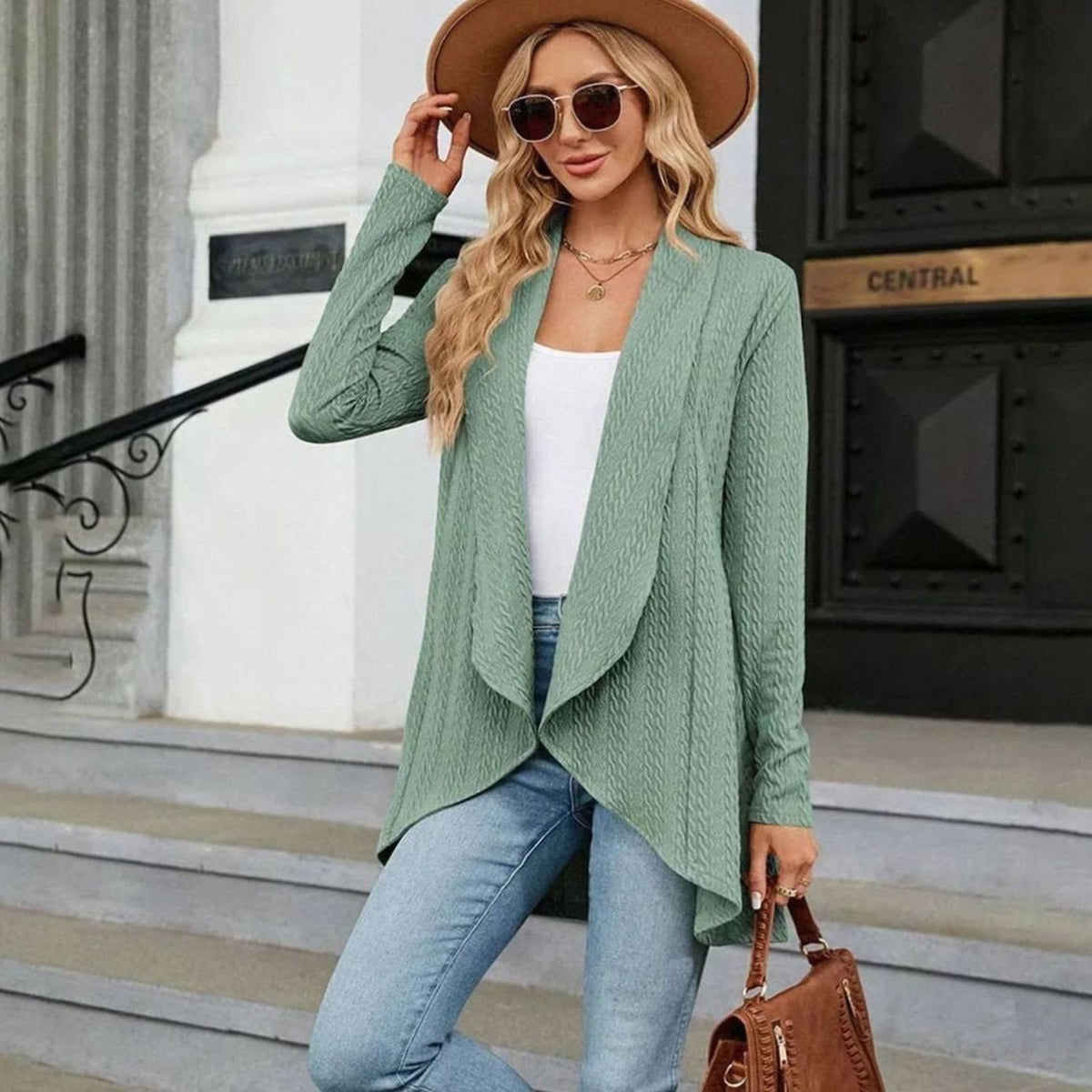 Women's Cable-Knit Open-Front Long-Sleeve Cardigan - Light Green