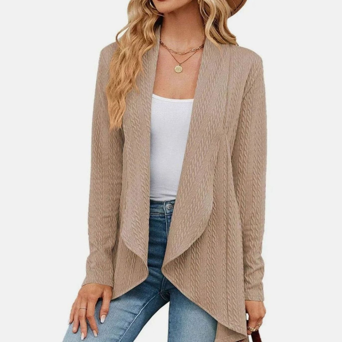 Women's Cable-Knit Open-Front Long-Sleeve Cardigan - Khaki