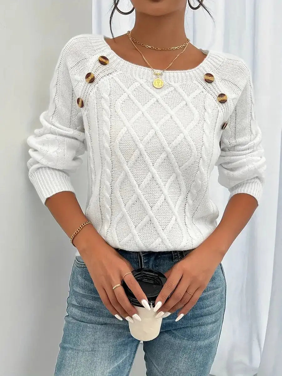 Women's Cable-Knit Sweater Round Neck Button Detail Jumper - White