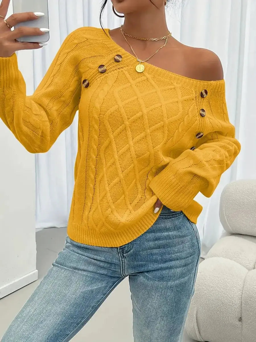 Women's Cable-Knit Sweater Round Neck Button Detail Jumper