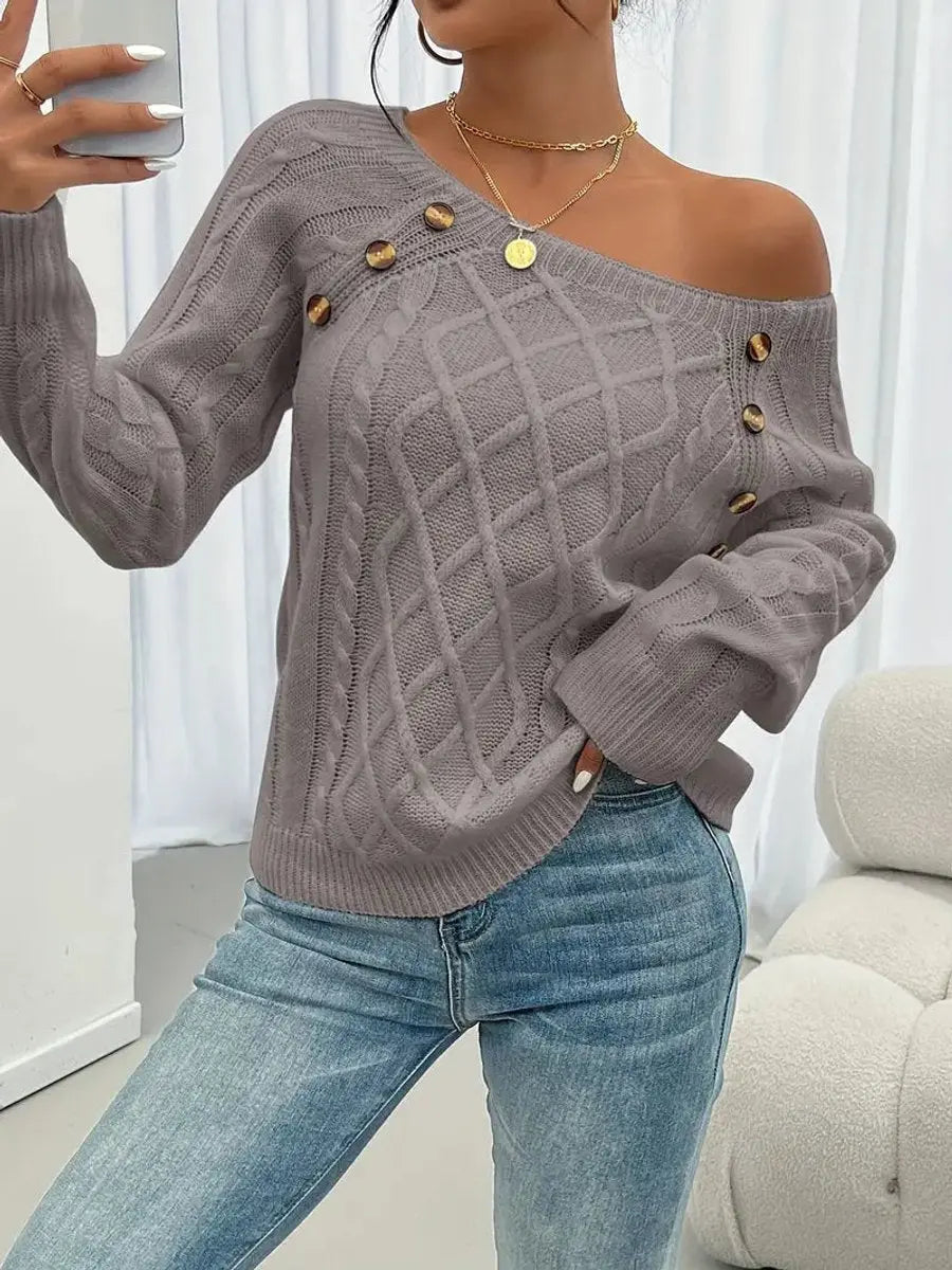 Women's Cable-Knit Sweater Round Neck Button Detail Jumper