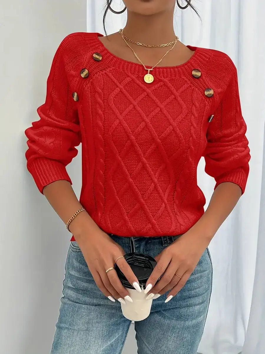 Women's Cable-Knit Sweater Round Neck Button Detail Jumper - Red
