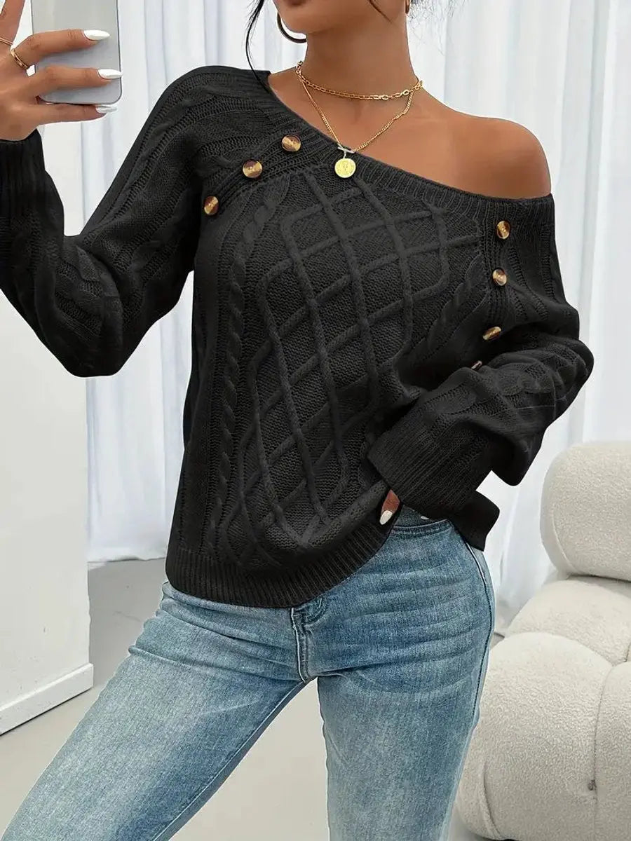 Women's Cable-Knit Sweater Round Neck Button Detail Jumper