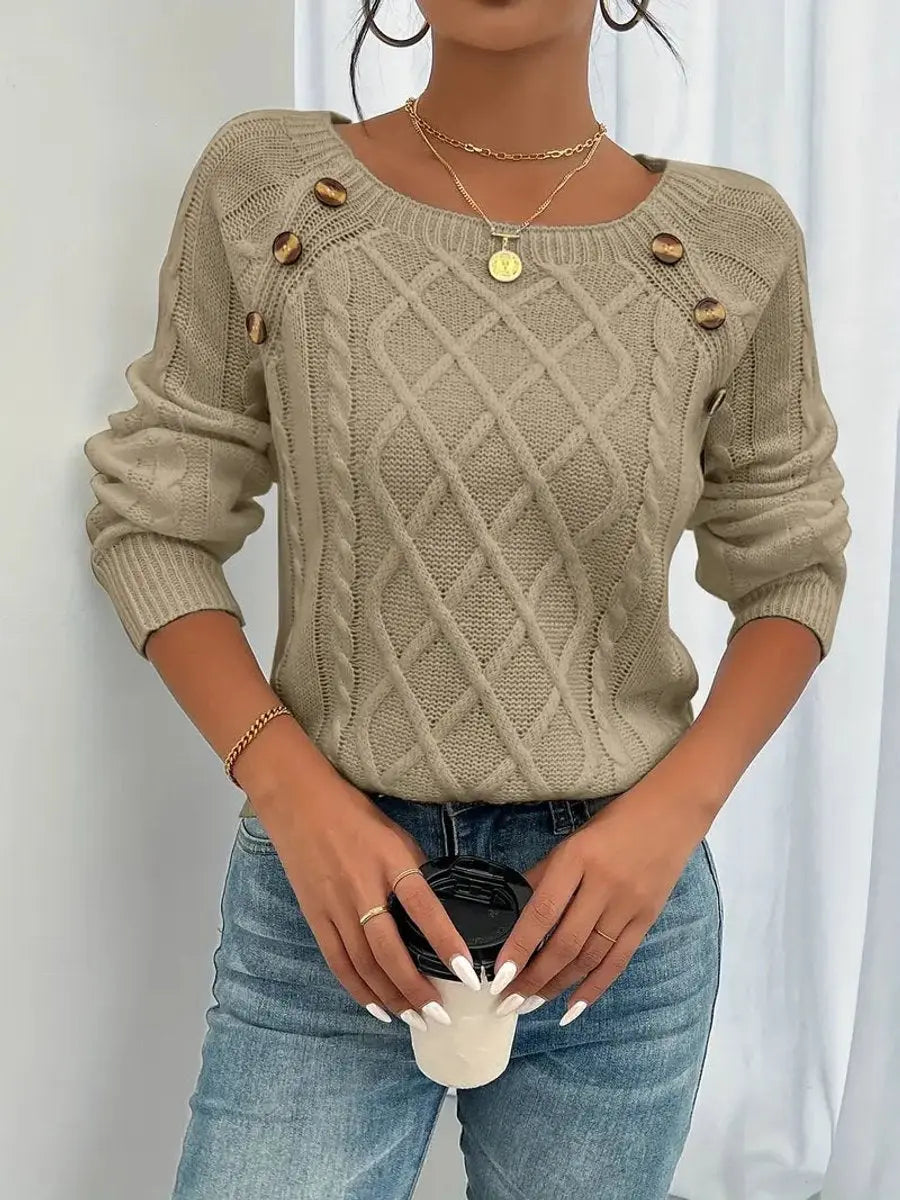 Women's Cable-Knit Sweater Round Neck Button Detail Jumper - Khaki