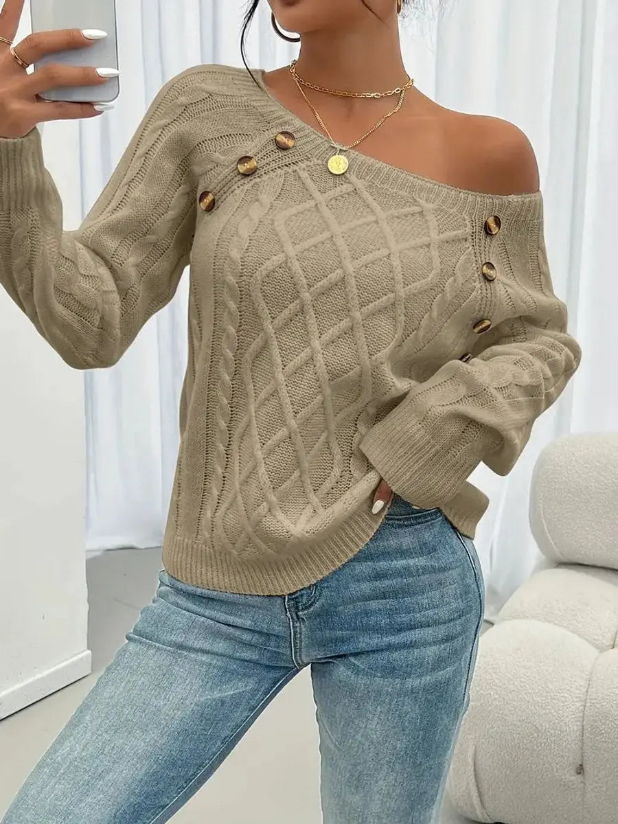 Women's Cable-Knit Sweater Round Neck Button Detail Jumper