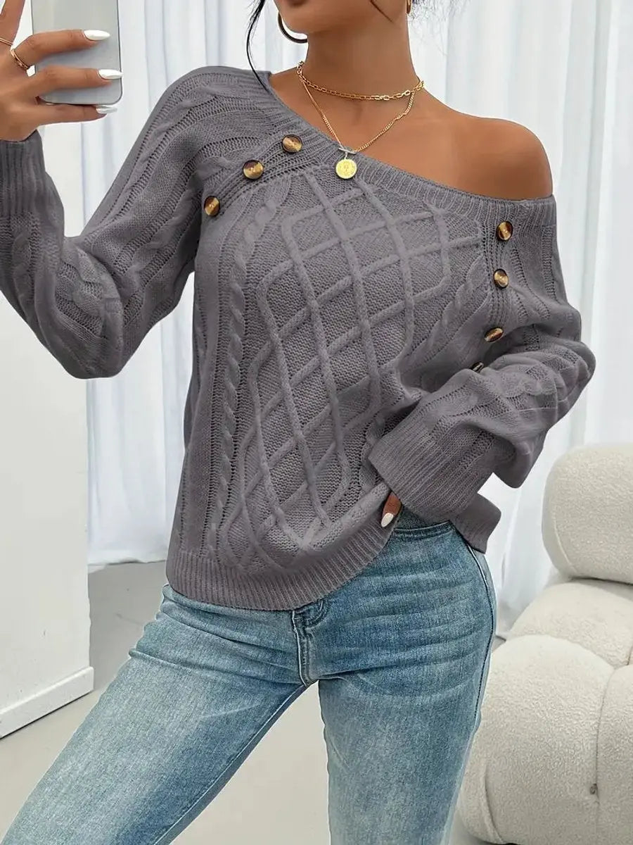 Women's Cable-Knit Sweater Round Neck Button Detail Jumper