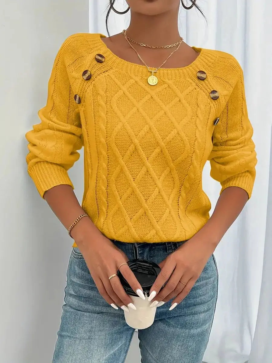 Women's Cable-Knit Sweater Round Neck Button Detail Jumper - Gold