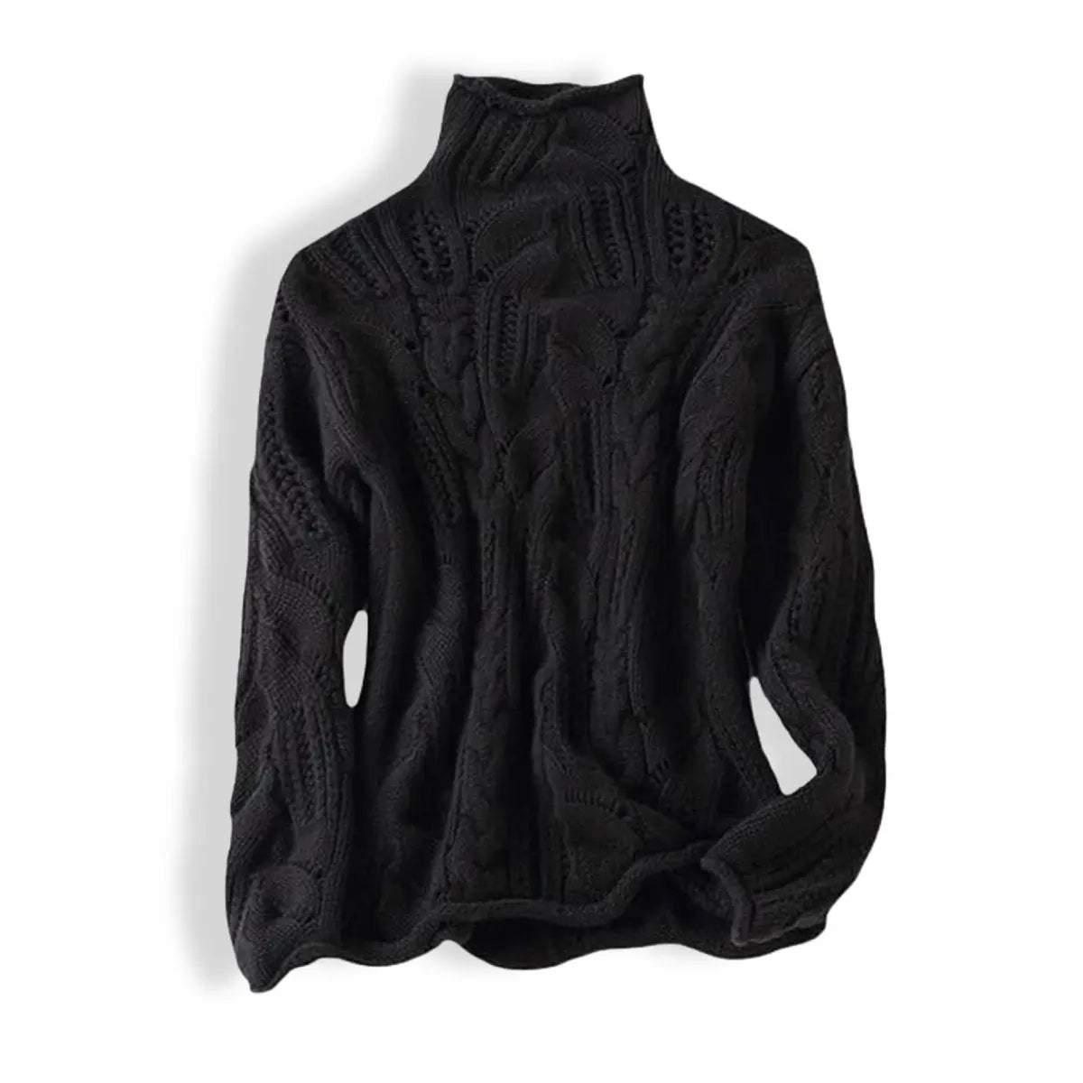 Women's Cable Knit Sweater Turtleneck Loose Fit Jumper - Black