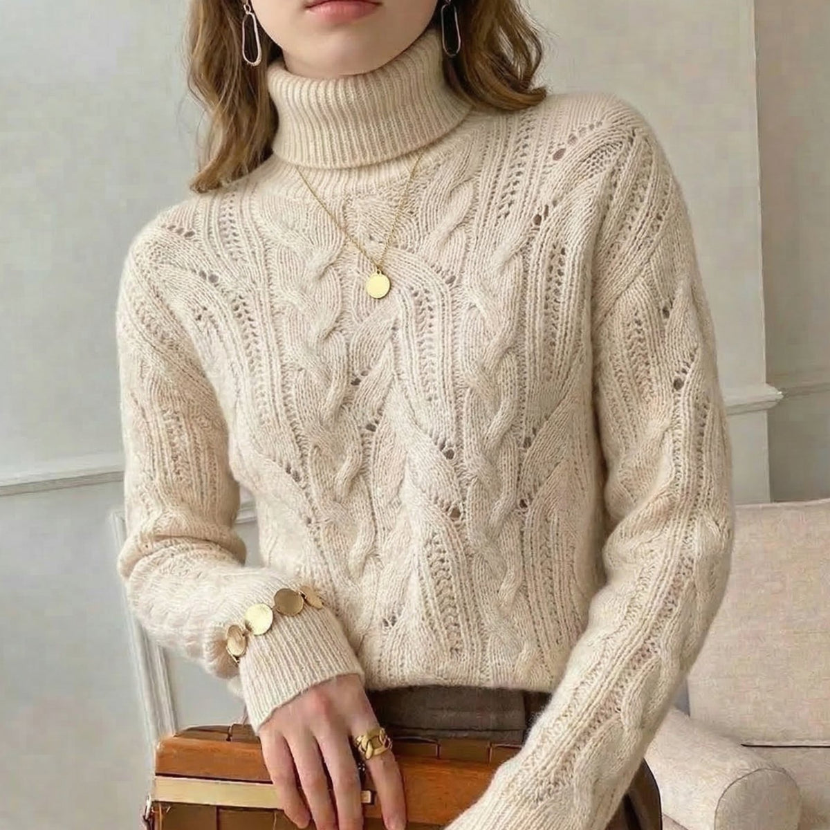 Women's Cable-Knit Turtleneck Wool Knitwear Jumper - Cream