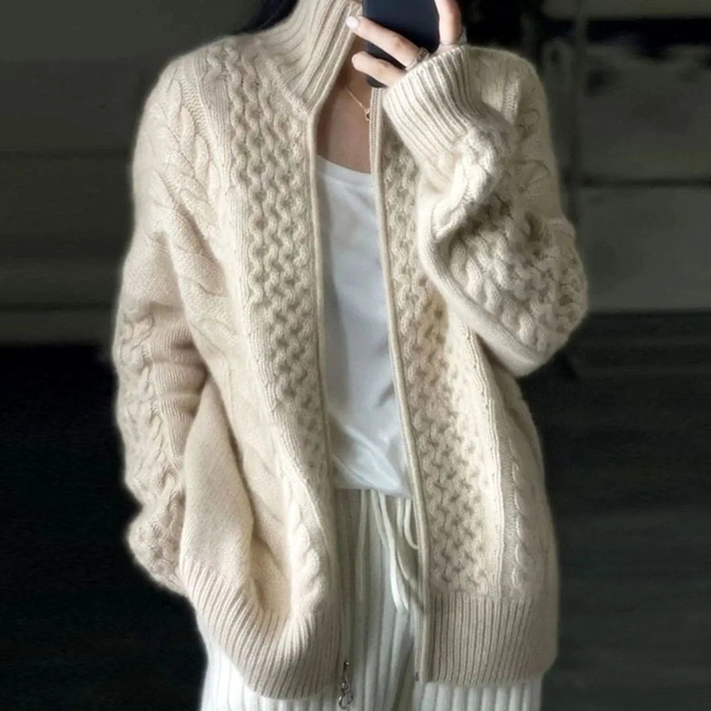 Women's Cable-Knit Zip-Up High-Neck Jumper Cardigan