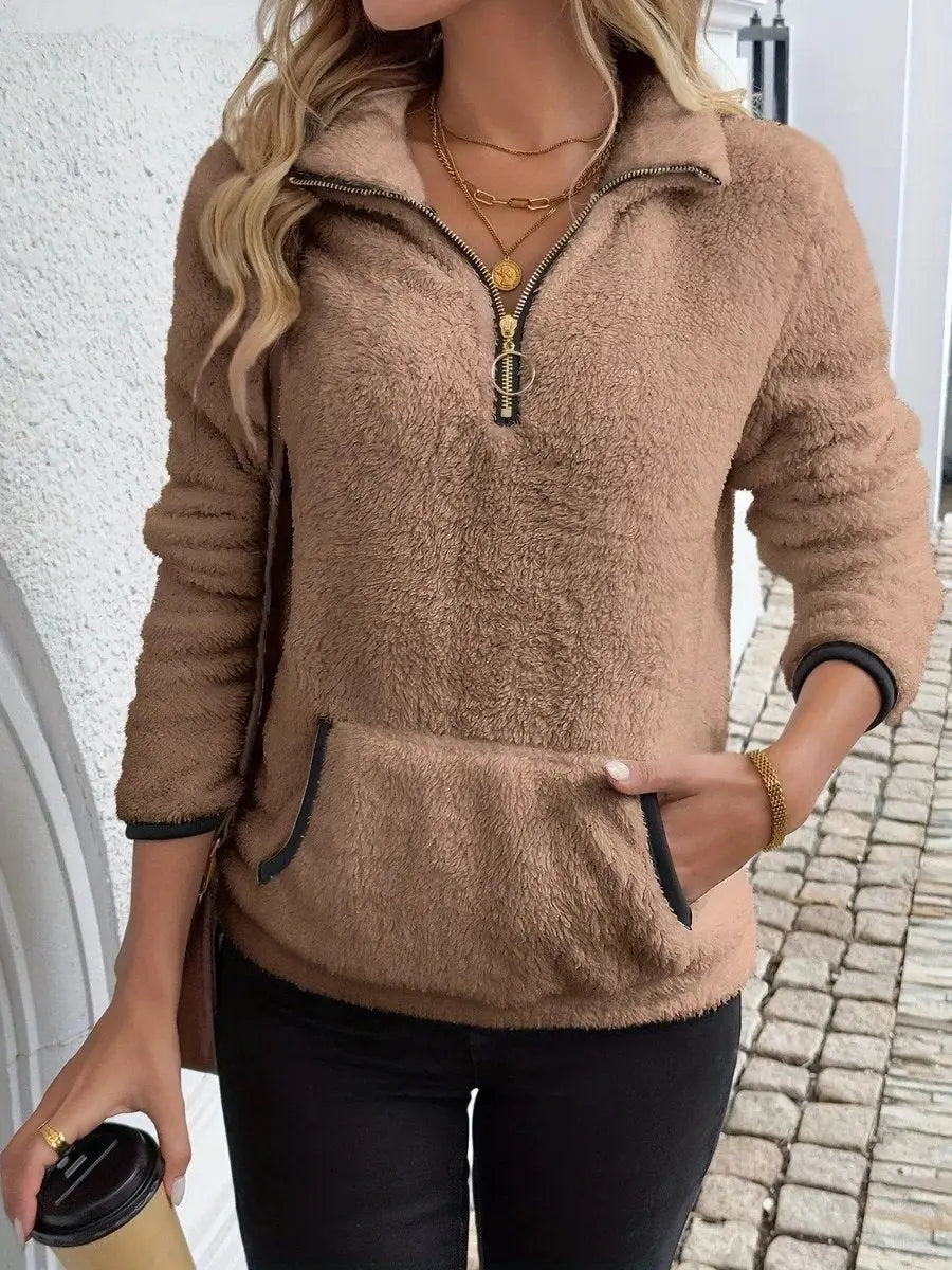 Womens Cardigan Half-Zip Fluffy Teddy Fleece Pullover Jumper - Brown