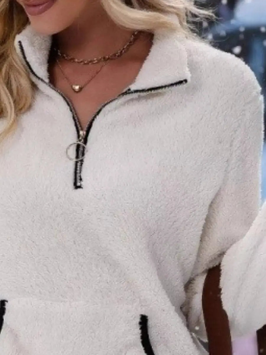 Womens Cardigan Half-Zip Fluffy Teddy Fleece Pullover Jumper