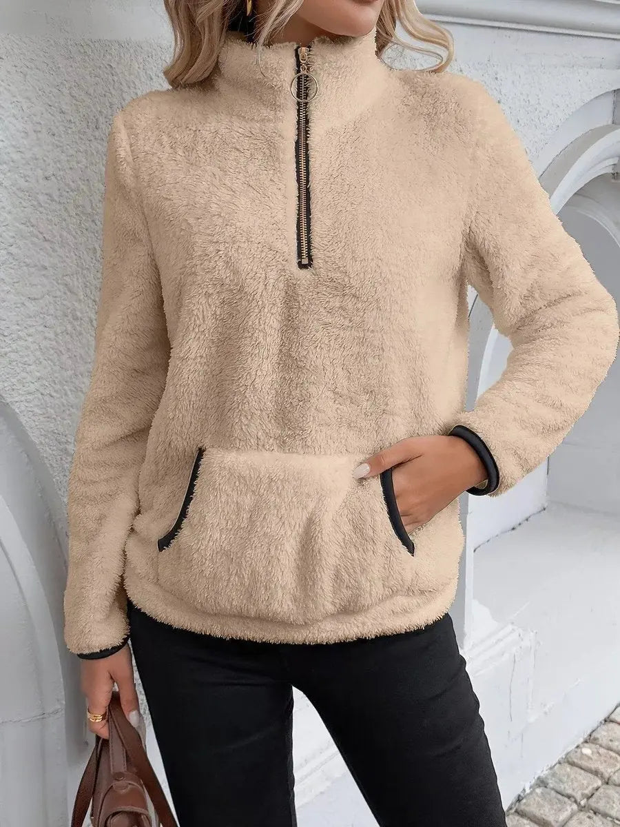 Womens Cardigan Half-Zip Fluffy Teddy Fleece Pullover Jumper - Khaki