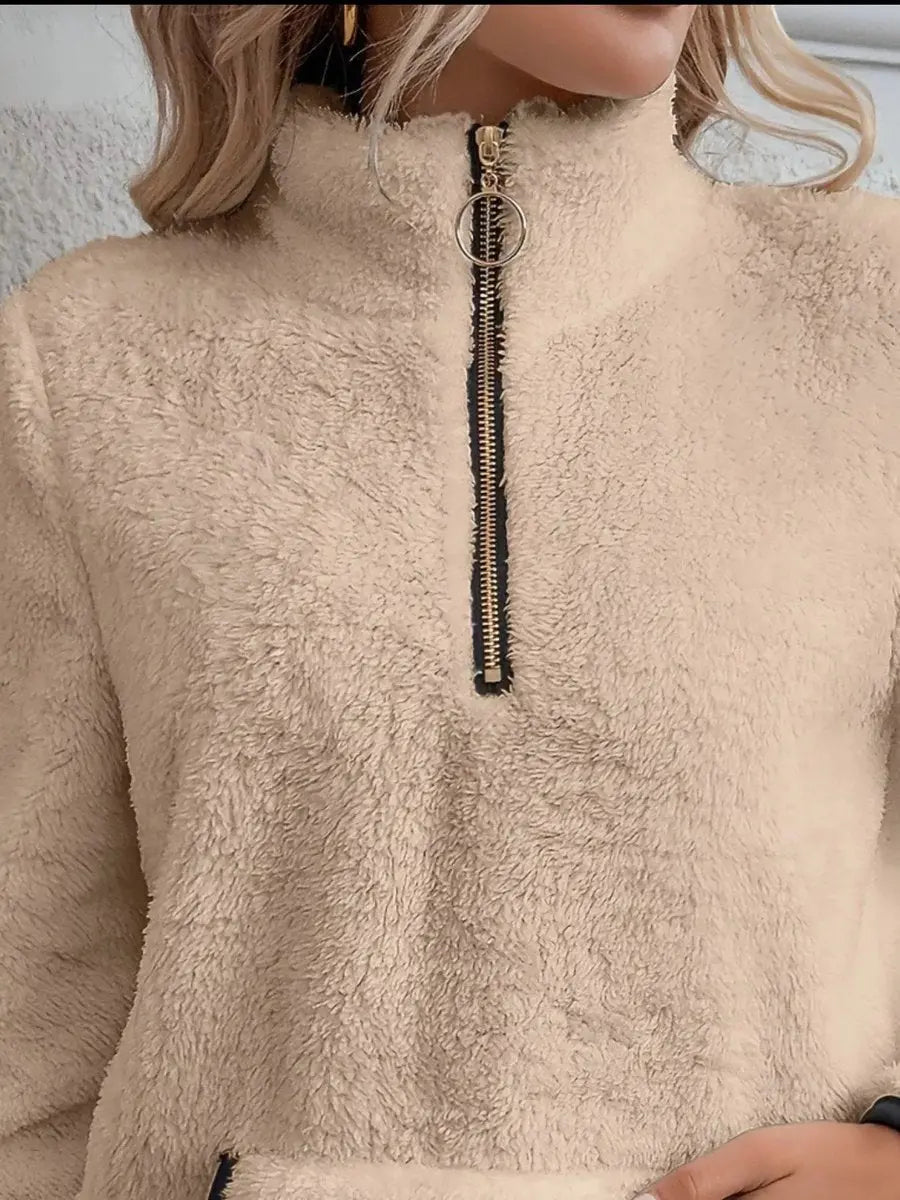 Womens Cardigan Half-Zip Fluffy Teddy Fleece Pullover Jumper