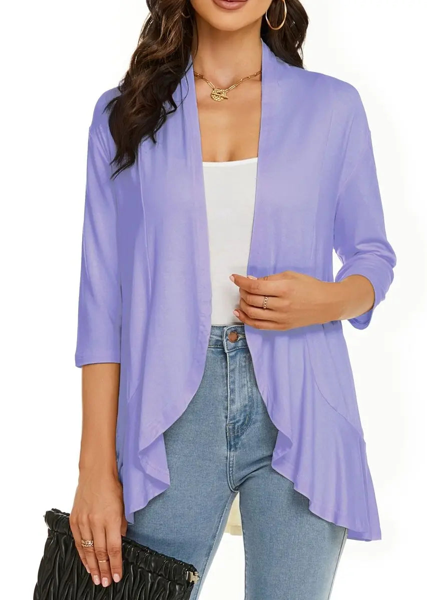 Women's Cardigan Lightweight Open Front 3/4 Sleeve Draped Cardigan - Light Purple