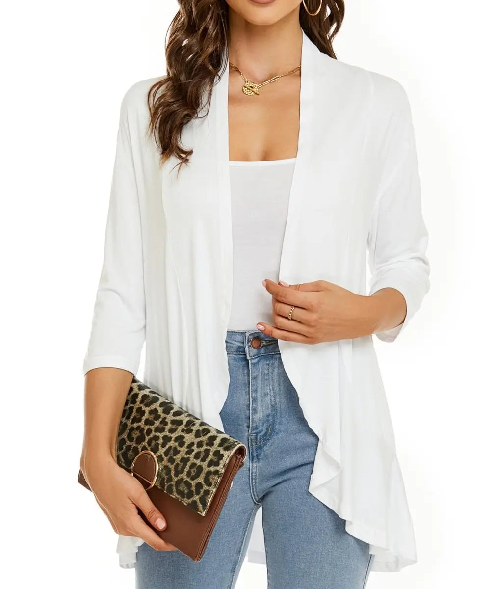 Women's Cardigan Lightweight Open Front 3/4 Sleeve Draped Cardigan - White