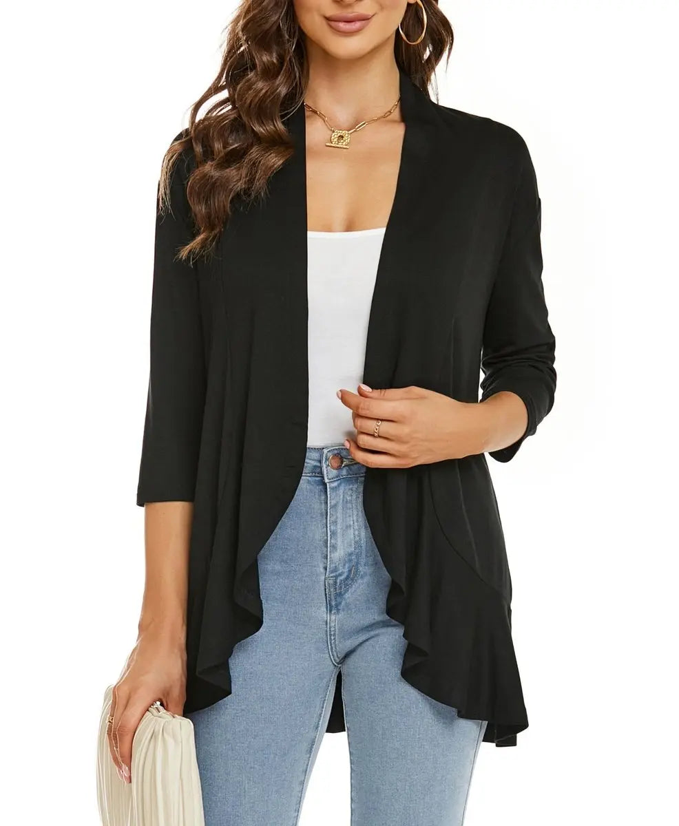 Women's Cardigan Lightweight Open Front 3/4 Sleeve Draped Cardigan - Black