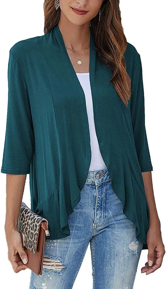 Women's Cardigan Lightweight Open Front 3/4 Sleeve Draped Cardigan - Green
