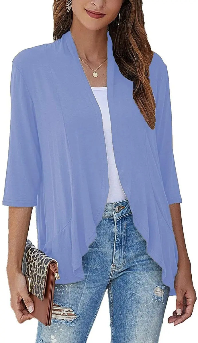 Women's Cardigan Lightweight Open Front 3/4 Sleeve Draped Cardigan - Light Blue