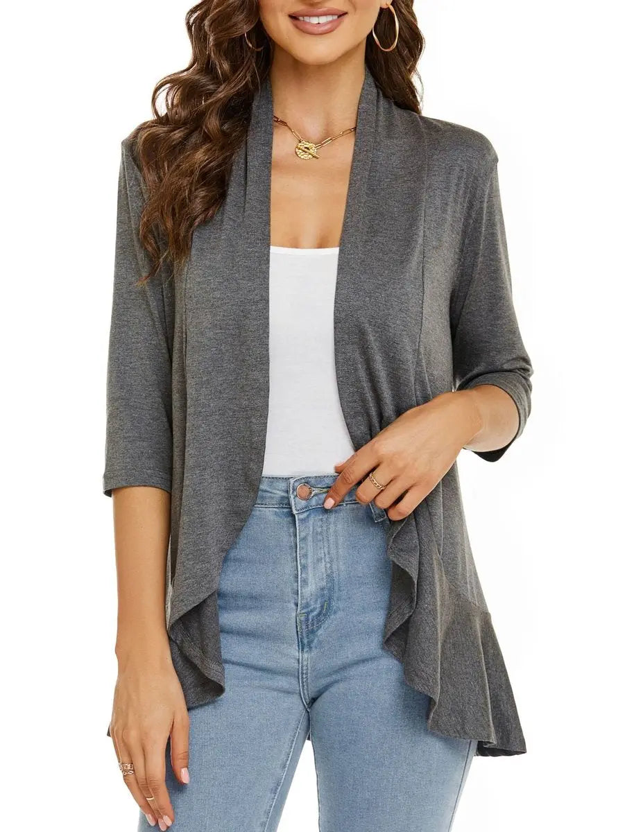 Women's Cardigan Lightweight Open Front 3/4 Sleeve Draped Cardigan - Grey