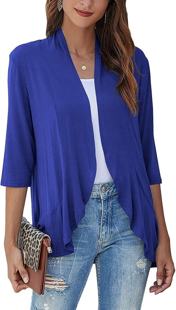 Women's Cardigan Lightweight Open Front 3/4 Sleeve Draped Cardigan - Blue