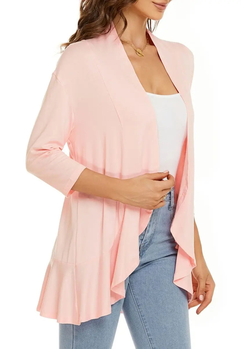 Women's Cardigan Lightweight Open Front 3/4 Sleeve Draped Cardigan - Pink