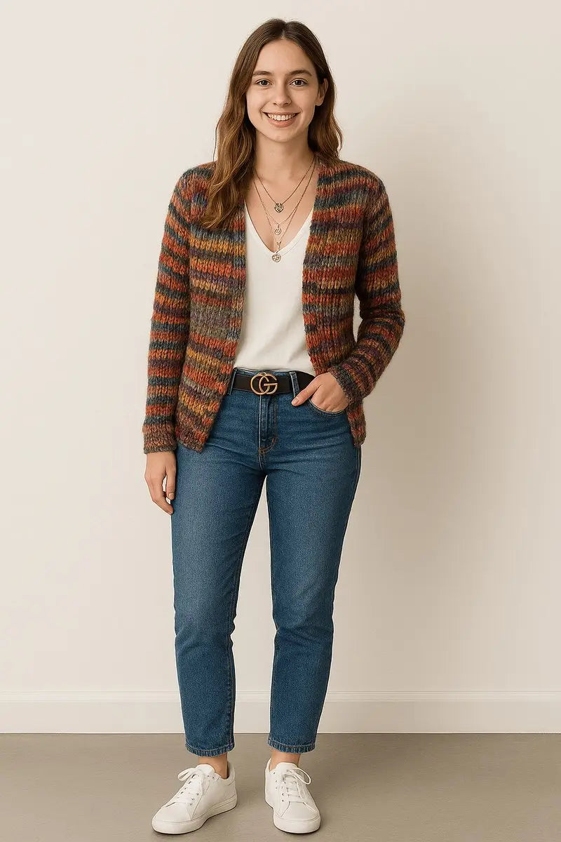 Women's Cardigan Open-Front Striped Knit Long Sleeve