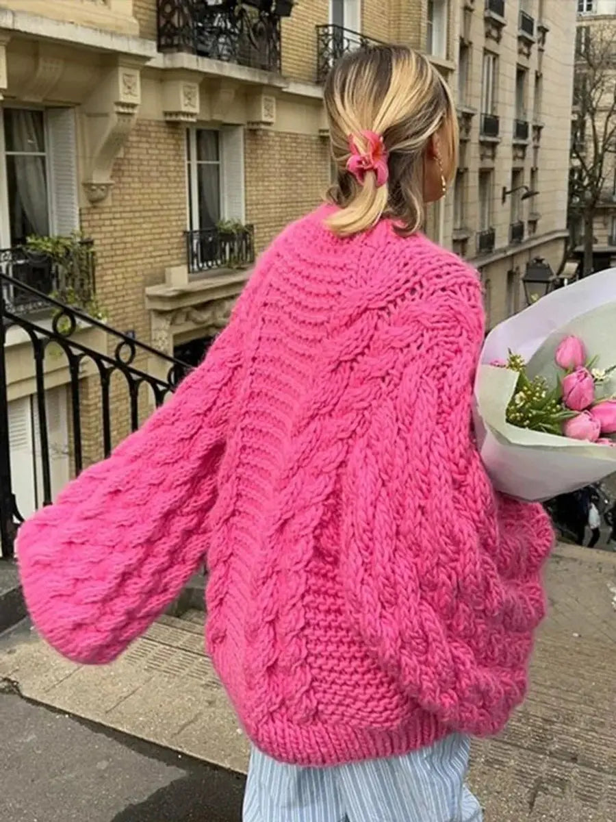 Womens Cardigan Oversized Chunky Cable-Knit Jumper - Pink