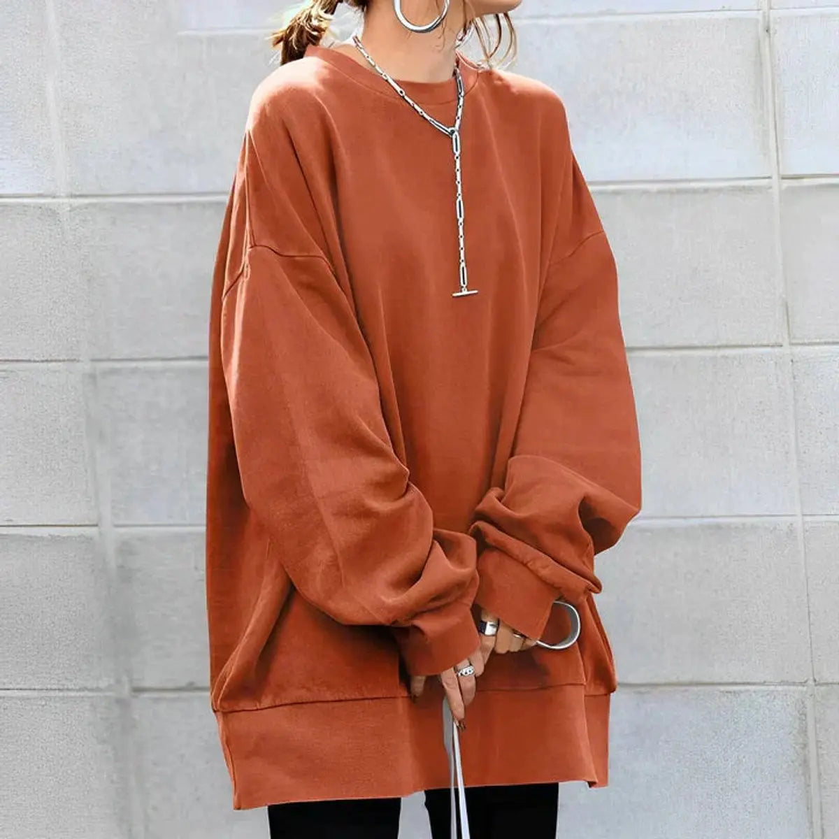 Women's Cardigan Oversized Drop Shoulder Crewneck Jumper - Orange