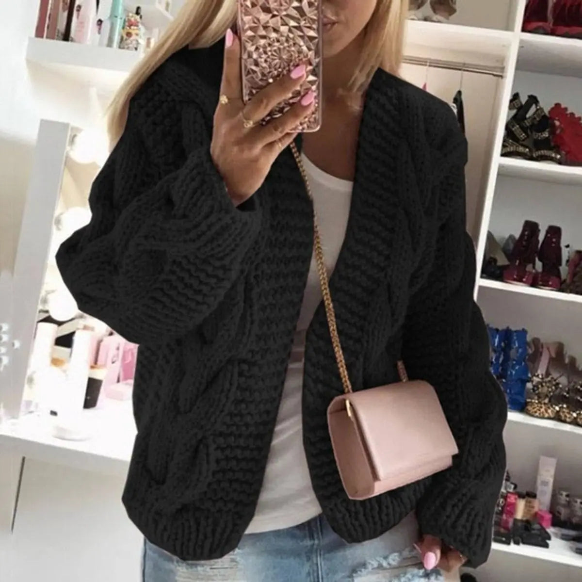 Womens Cardigan Oversized Open-Front Chunky Cable Knit - Black