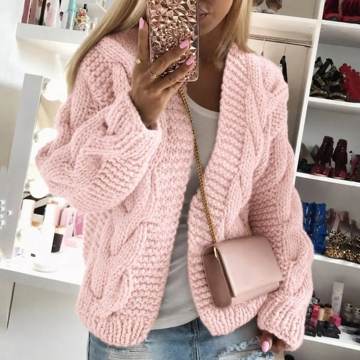 Womens Cardigan Oversized Open-Front Chunky Cable Knit - Pink