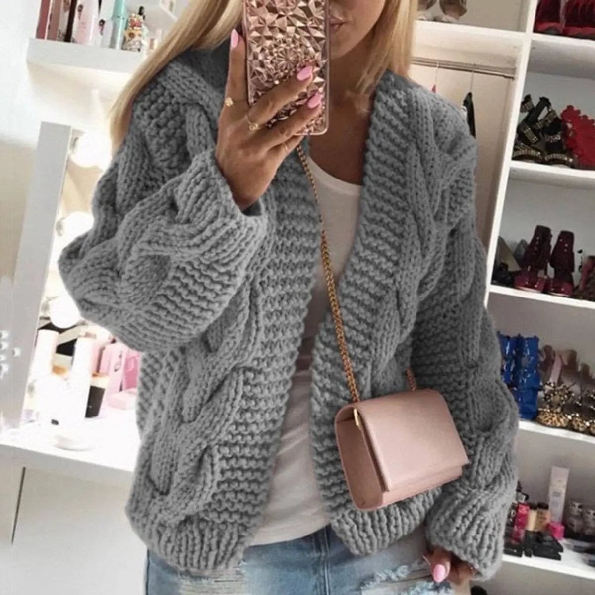 Womens Cardigan Oversized Open-Front Chunky Cable Knit - Grey