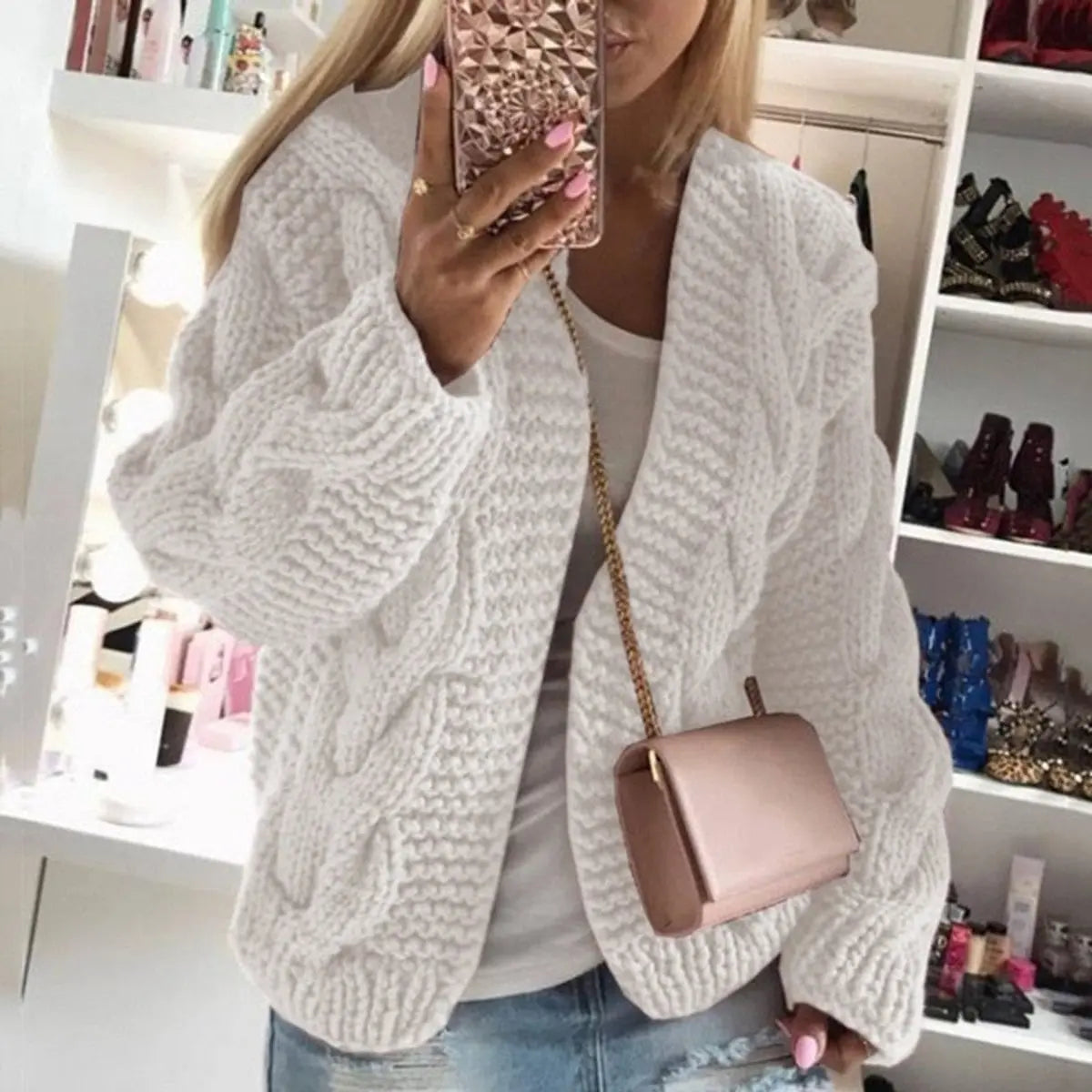 Womens Cardigan Oversized Open-Front Chunky Cable Knit - White