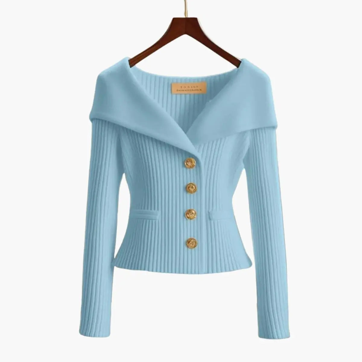 Womens Cardigan Ribbed Knit Off-Shoulder Button-Up Jumper - Light Blue