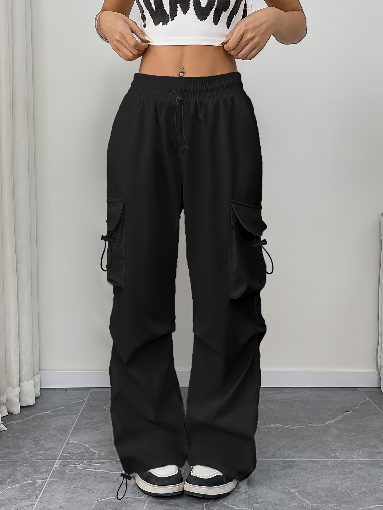 Women's Cargo Parachute Trousers Drawstring Wide Leg - Black