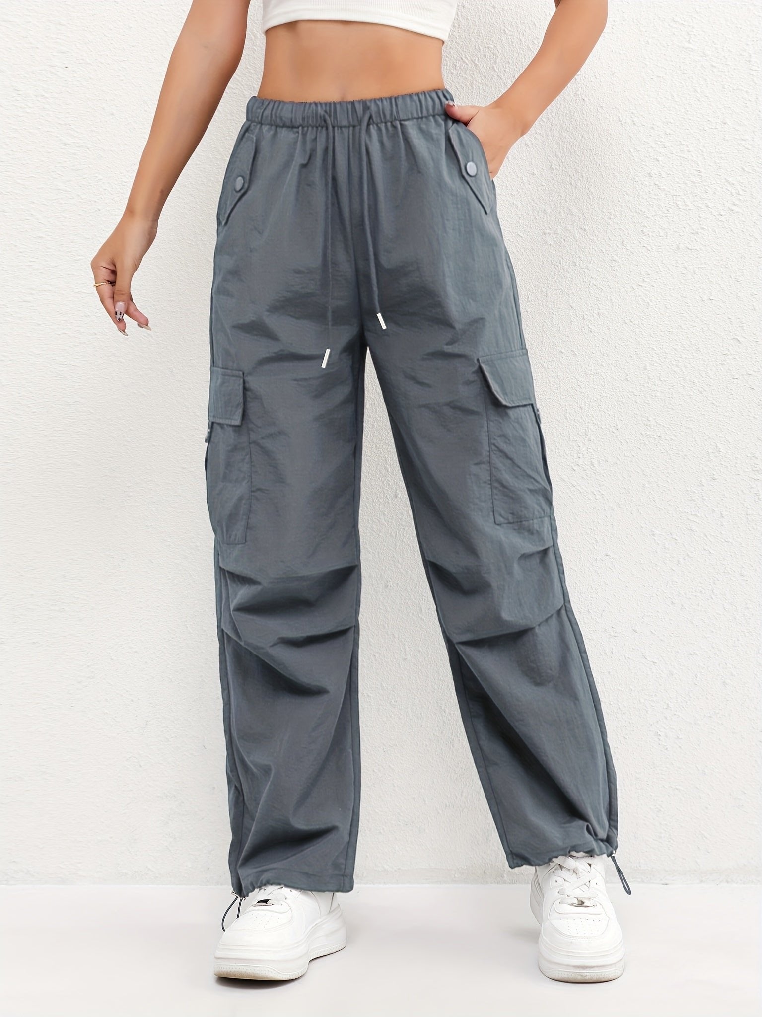 Women's Cargo Trousers Drawstring Waist Parachute Style - Gray