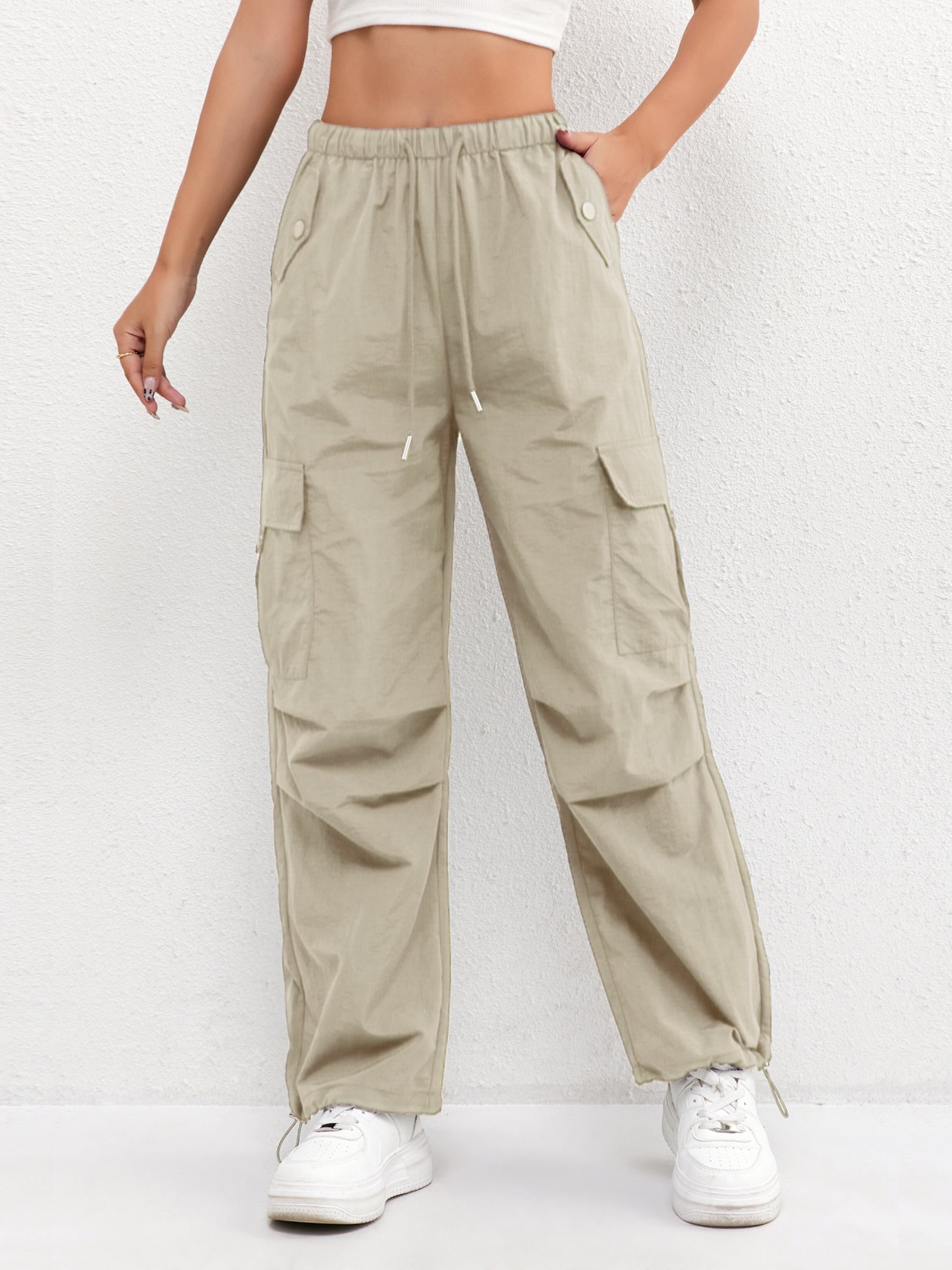 Women's Cargo Trousers Drawstring Waist Parachute Style - Khaki