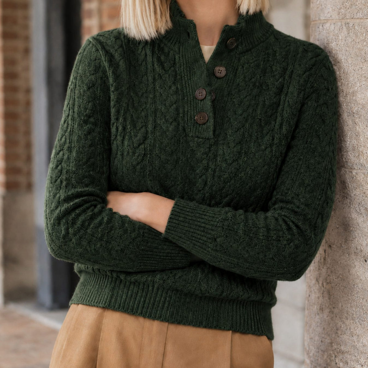 Women's Cashmere Blend Cable-Knit Buttoned Jumper - Olive