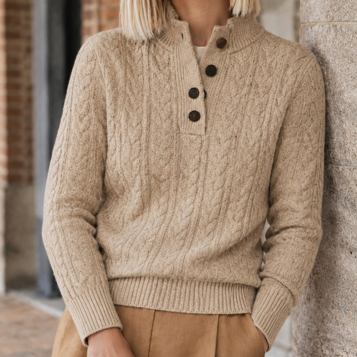 Women's Cashmere Blend Cable-Knit Buttoned Jumper - Khaki